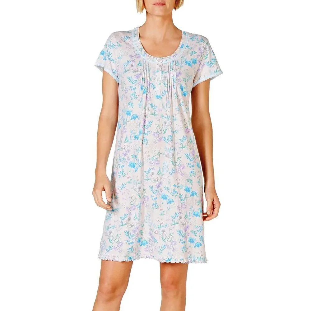 Miss Elaine Floral Print Pullover Eyelet Trim Knit‎ Nightgown Women's Size Small
